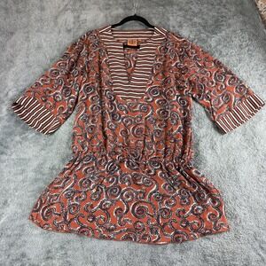 Tory Burch Womens XS Silk Boho Sapello Tunic Paisley Striped Trim 51112639